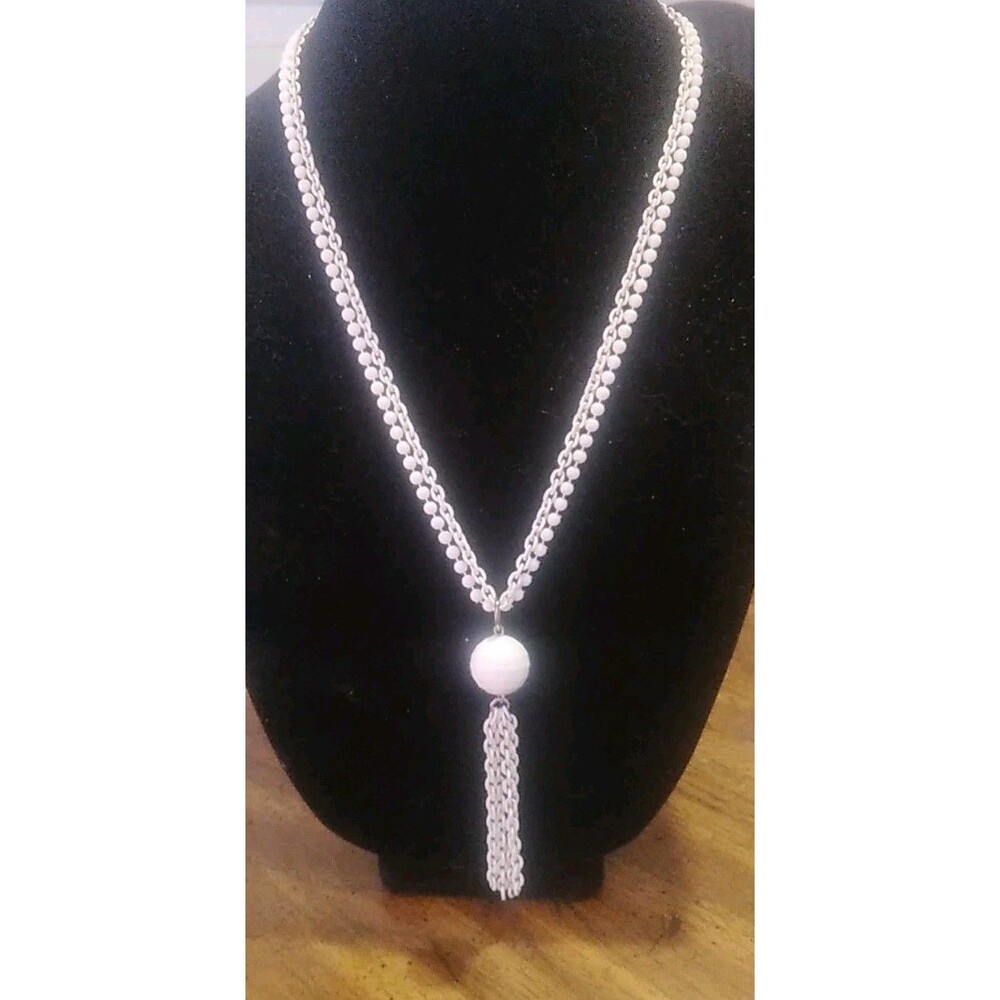 Vintage White Metal And Plastic Two Strand Chain With Plastic/metal Tassel 24"